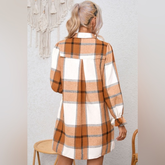 Kate- khaki pattern collared neck ruffled sleeve shirt dress - Picture 2 of 4